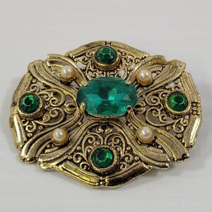 *B) Vintage Gold Tone Faux Emerald Pearl Rhinestone Brooch Pin